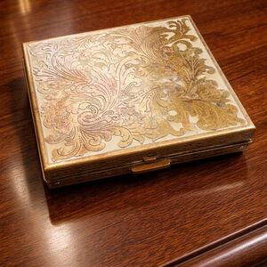 Vintage Volupté Brass & Enamel Makeup Compact – Ornate Scrollwork – Vanity Decor